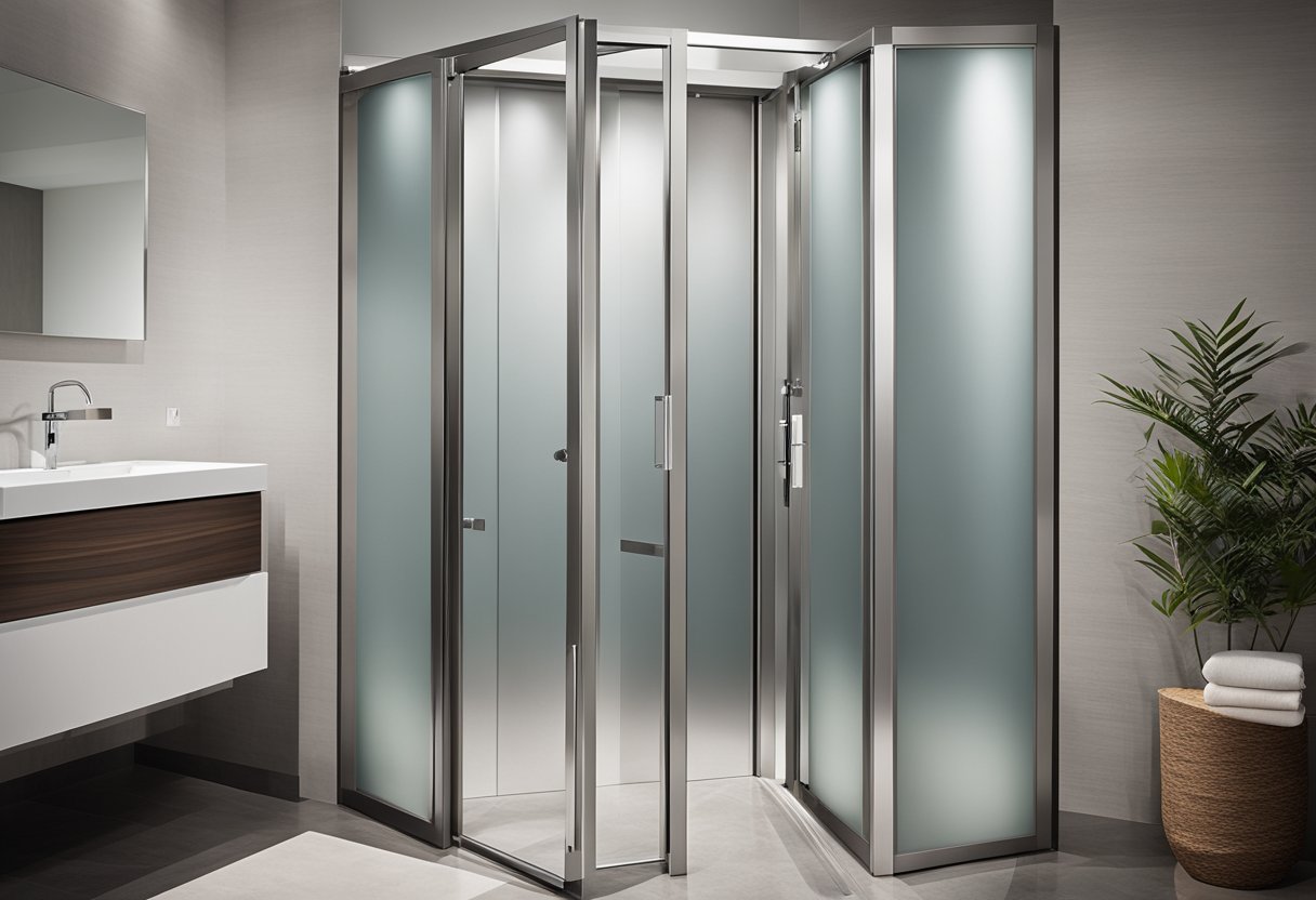 A toilet bifold door opens to reveal a modern, sleek design with frosted glass panels and chrome hardware