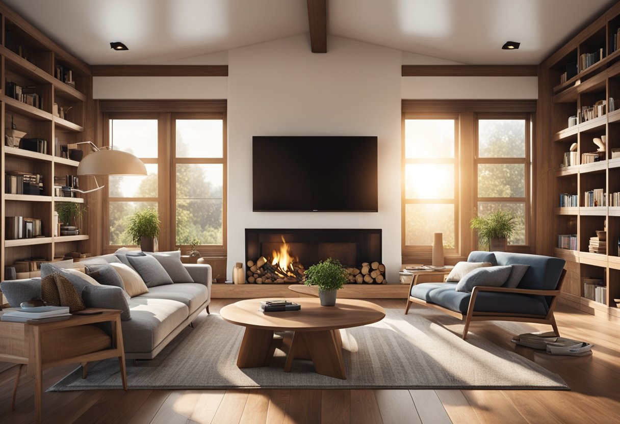 A cozy living room with wood design. A large, comfortable sofa sits in front of a fireplace, surrounded by wooden bookshelves and a coffee table. Sunlight streams in through large windows, casting warm, natural light on the room