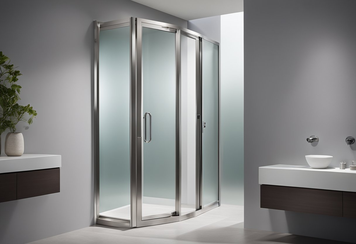 A sleek, modern toilet bifold door with frosted glass panels and brushed stainless steel hardware