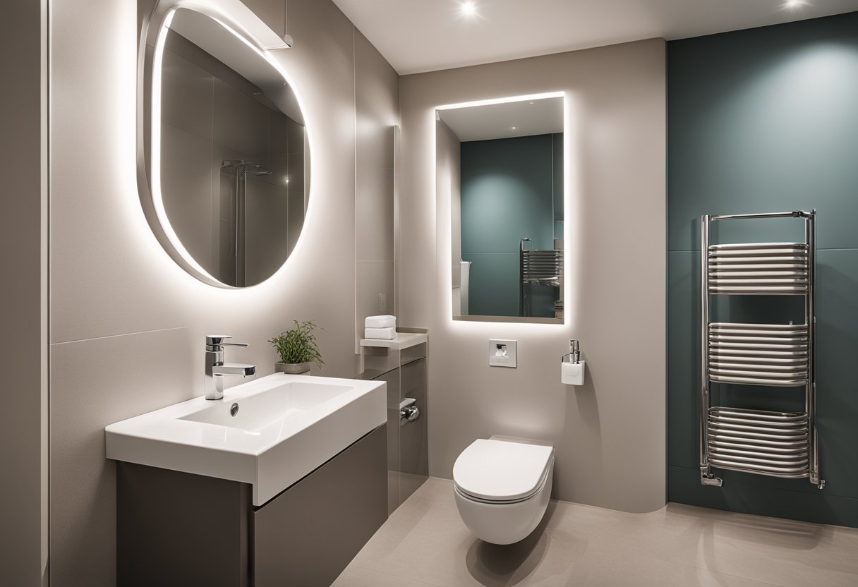 A compact toilet with wall-mounted sink, space-saving shelves, and a mirror. Bright lighting and neutral colors create a clean, modern feel