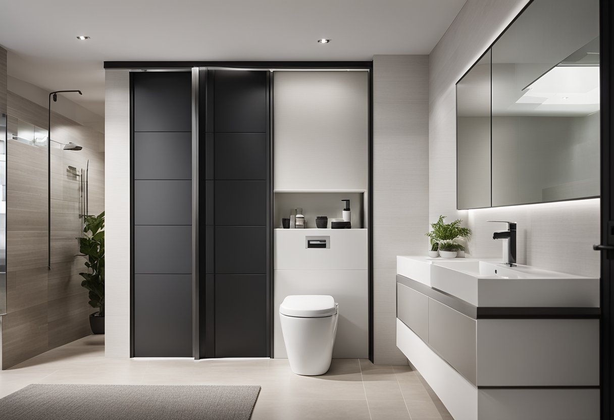 A bifold door opens to reveal a modern toilet design. The door is sleek and practical, with a clean and minimalist look. Pricing information is displayed subtly in the background
