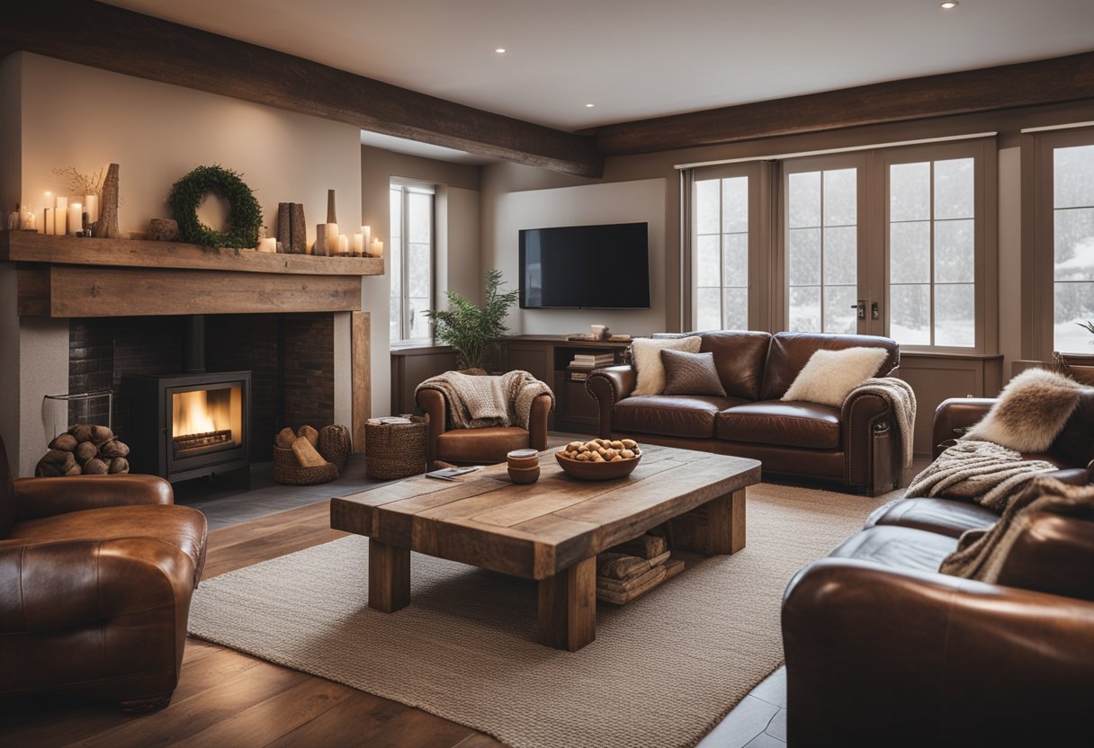 A cozy living room with wooden floors, a large fireplace, and a rustic wooden coffee table surrounded by comfortable leather armchairs and a plush sofa