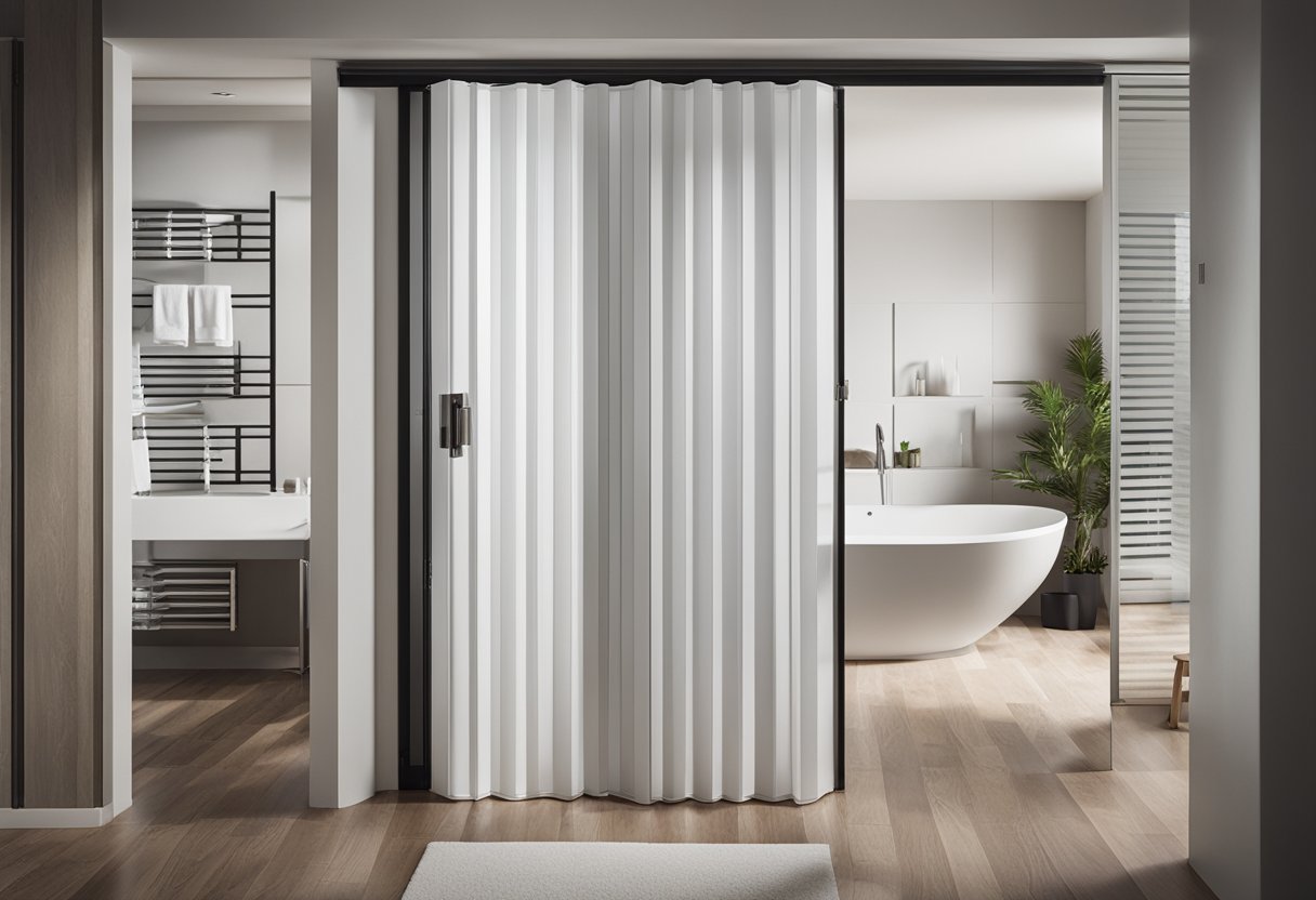 A bifold door with "Frequently Asked Questions" printed on it, surrounded by a clean and modern bathroom interior