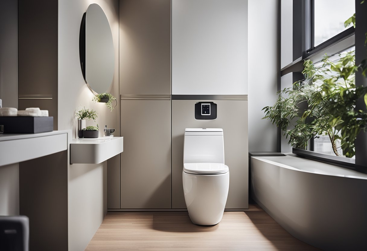 A compact toilet with clever storage solutions and space-saving fixtures. Bright lighting and a minimalist color scheme create a modern, airy feel