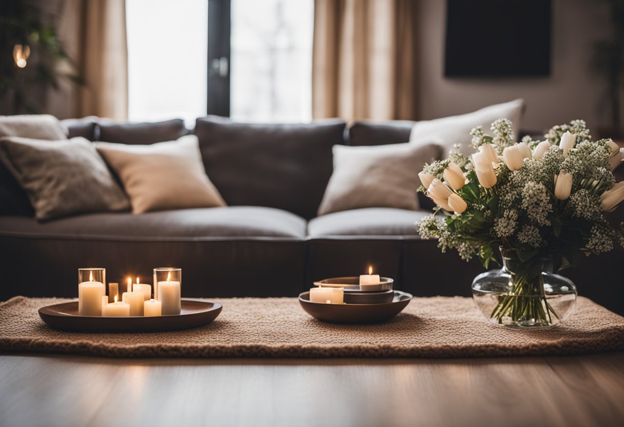 A cozy wooden living room with a plush rug, decorative throw pillows, and a coffee table adorned with candles and a vase of flowers