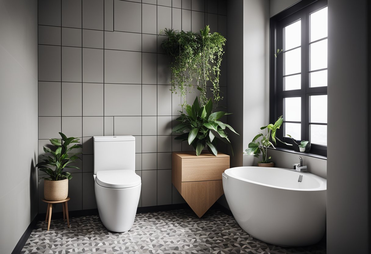 A small toilet with minimalist fixtures, geometric tiles, and natural lighting. A hanging plant adds a touch of greenery