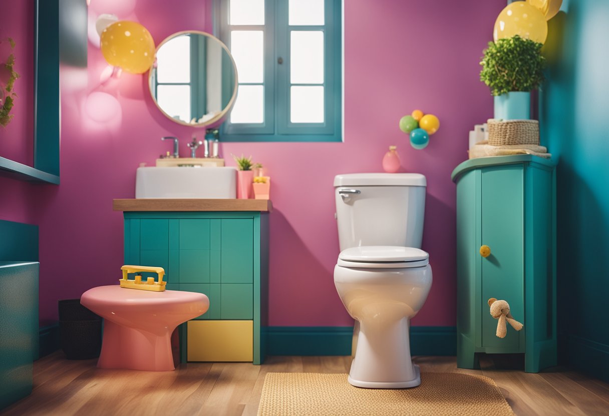 Colorful, child-friendly toilet with low sink, step stool, and playful decor