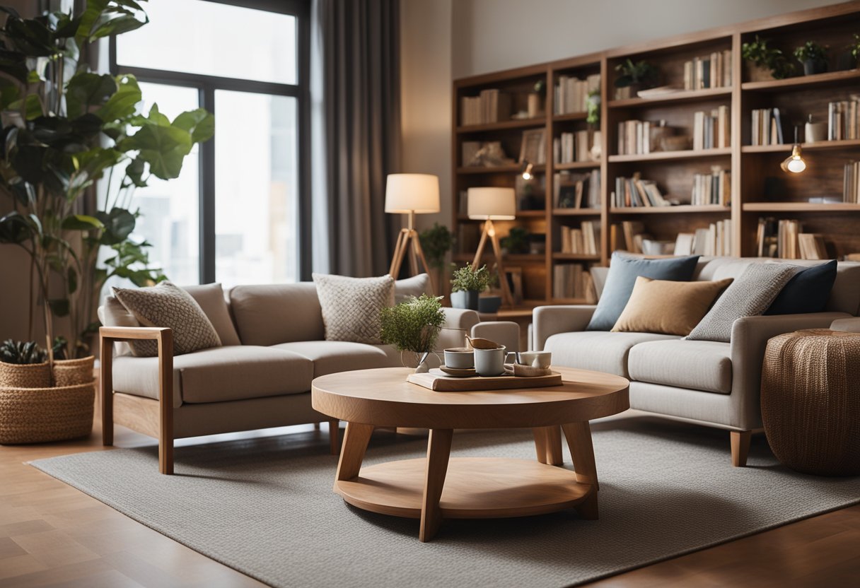 A cozy living room with warm wood accents. A comfortable sofa sits in front of a large bookshelf, while a coffee table and armchair complete the inviting space