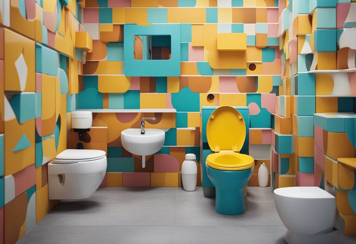 A colorful, child-friendly toilet with low seat, step stool, and playful designs on the walls, designed for easy use and accessibility