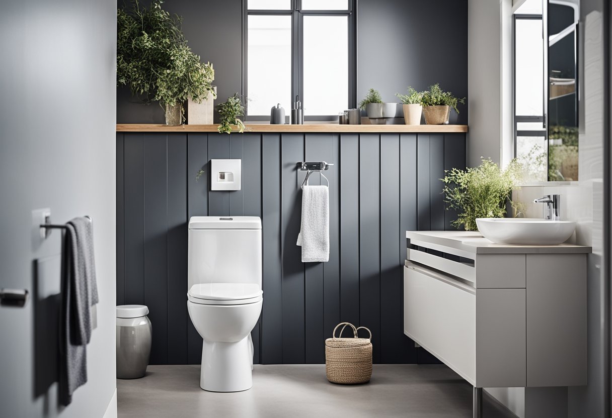 A small toilet with clever storage solutions, space-saving fixtures, and stylish decor. Light colors and natural light create a bright and airy feel