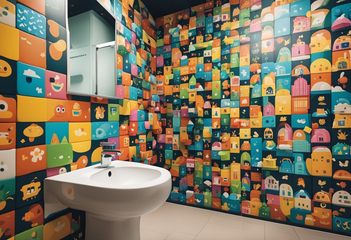 Children's toilet with colorful and child-friendly design, surrounded by playful and engaging graphics
