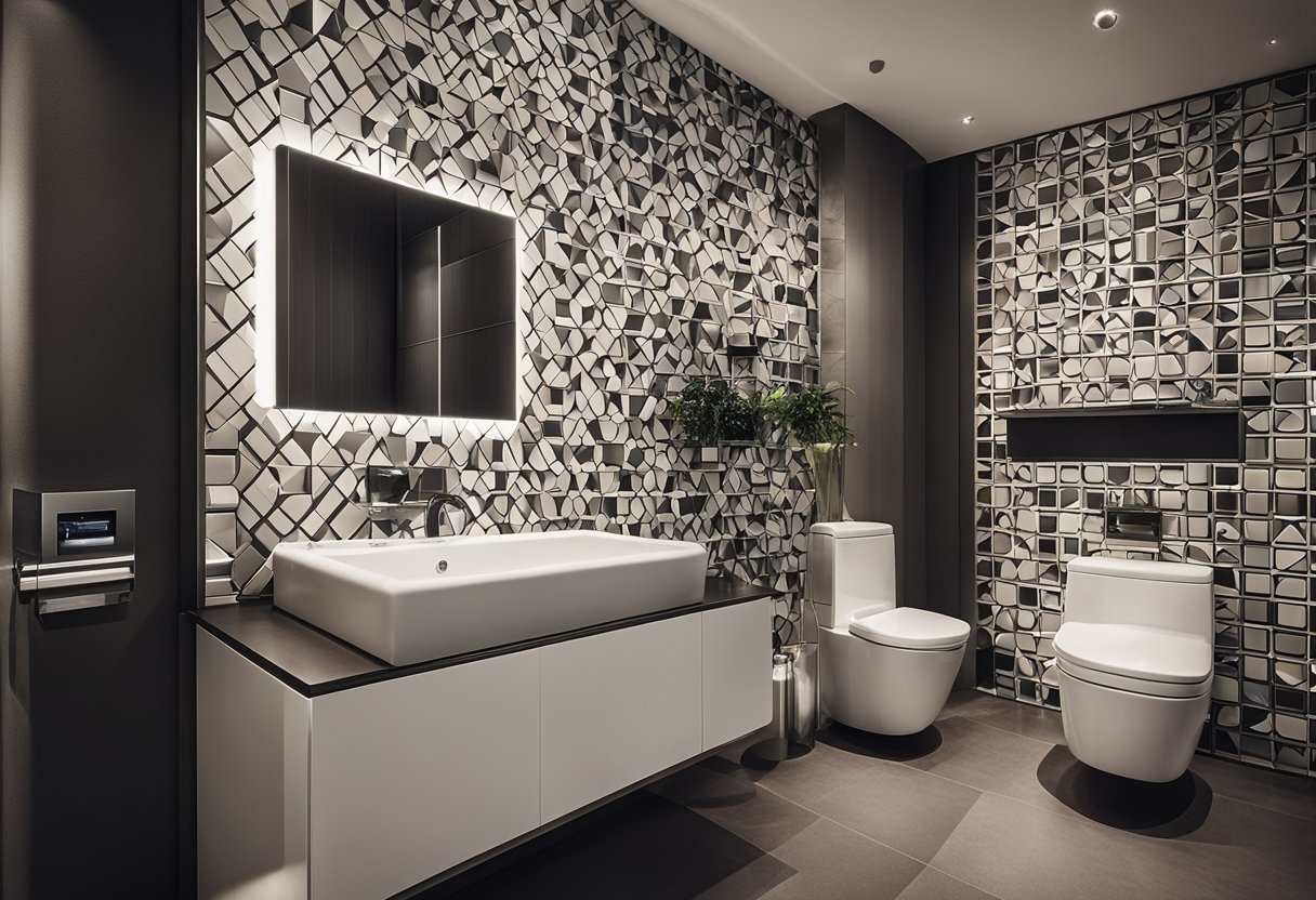 A modern toilet with geometric tile feature wall, contrasting colors, and integrated shelving