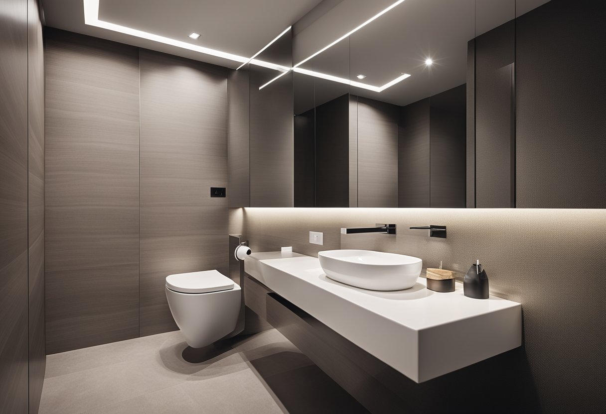 A sleek, modern toilet with a feature wall design, maximizing space with smart renovation choices