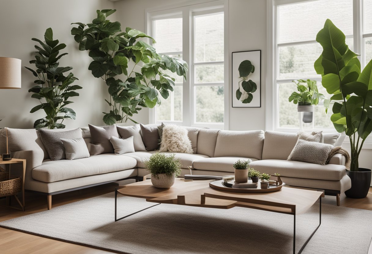 A cozy living room with a neutral color palette, a plush area rug, a sleek coffee table, and a comfortable sectional sofa. Large windows let in natural light, and there are potted plants and art on the walls