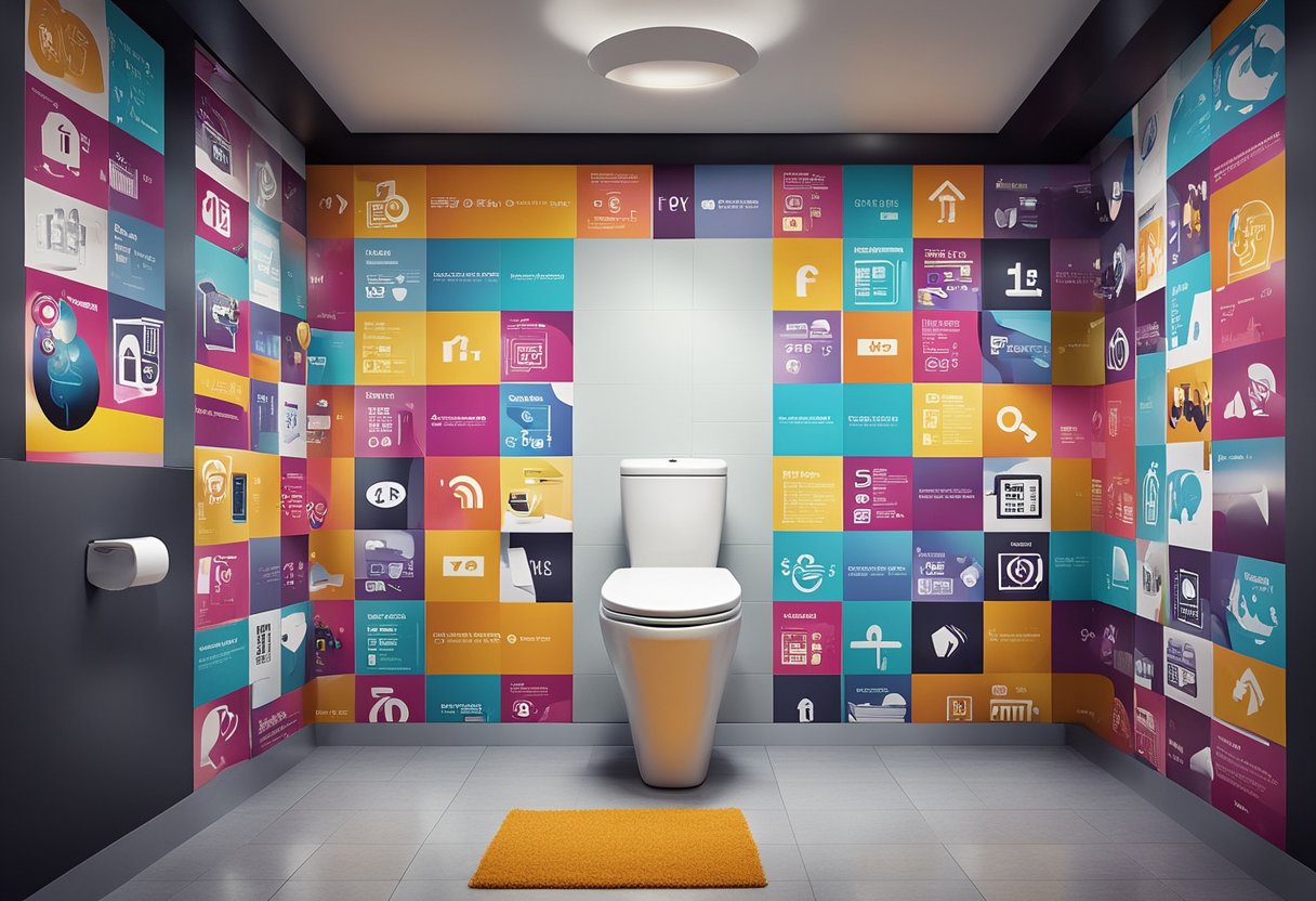 A colorful feature wall with various FAQ symbols and toilet-related graphics, creating an eye-catching and informative design