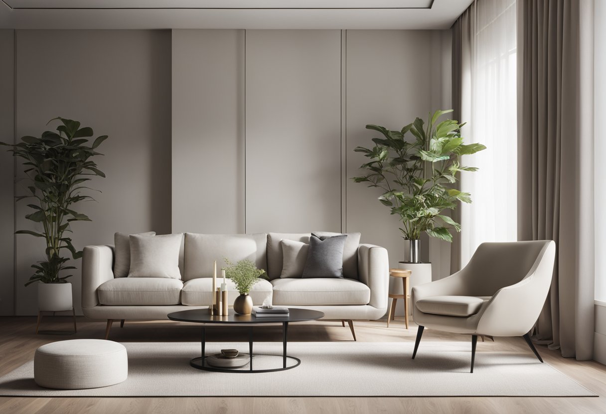 A sleek, minimalist living room with a modern chair design, clean lines, and a neutral color palette. The room is flooded with natural light, and the chair is the focal point of the space