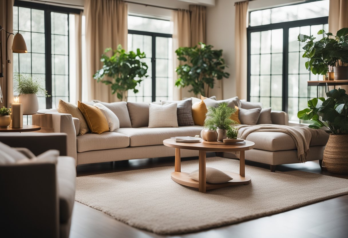 A cozy living room with warm color scheme, soft lighting, and comfortable seating arrangement. A rug anchors the space, while plants and decorative accents add a welcoming touch