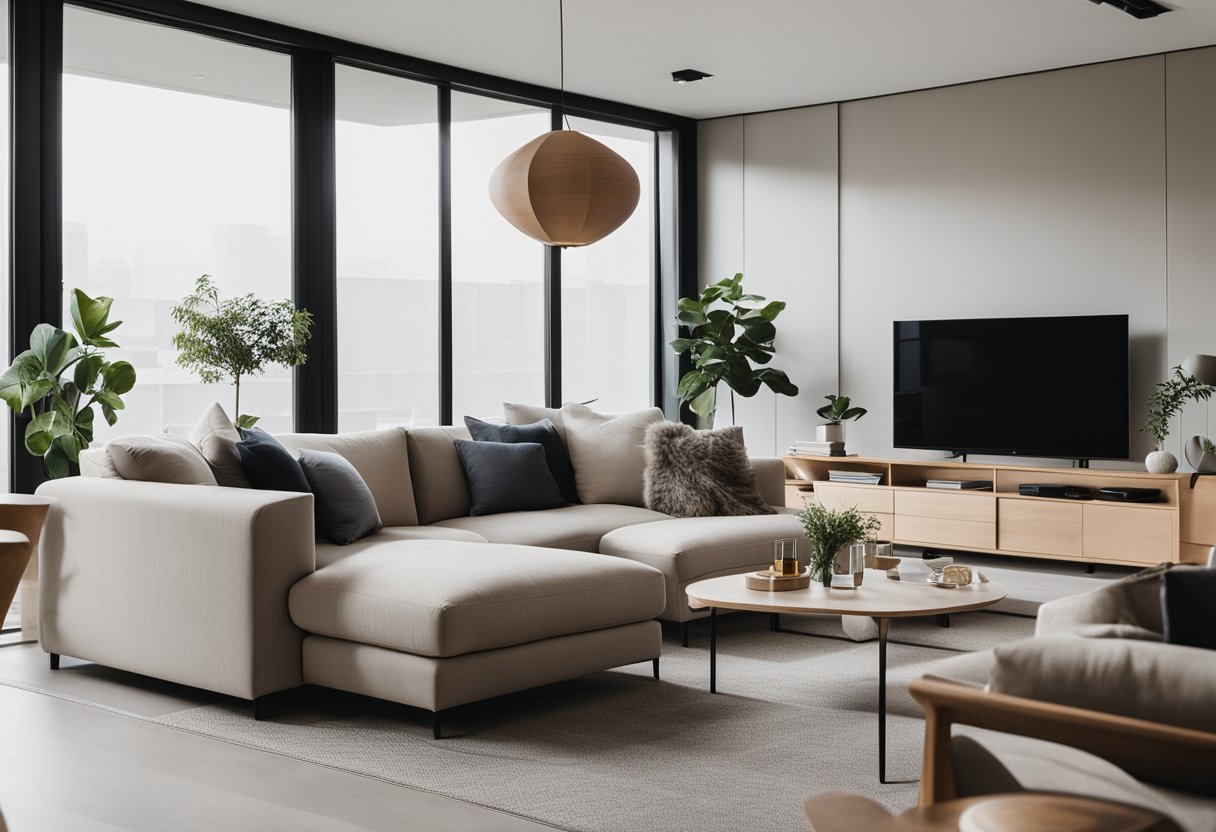 A cozy, modern living room with sleek furniture, a neutral color palette, and clever storage solutions. The space feels open and inviting, with plenty of natural light and a minimalist aesthetic