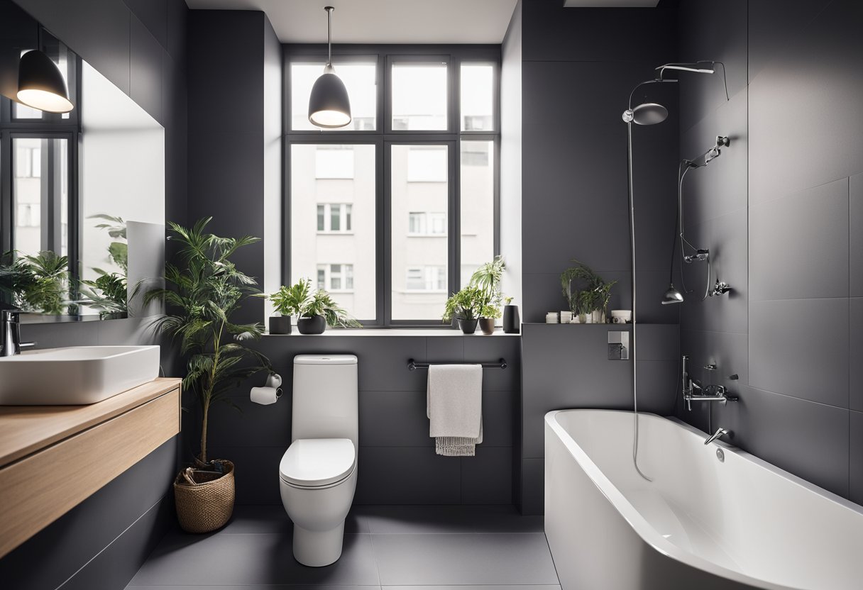 A small bathroom with modern toilet, compact sink, and space-saving storage