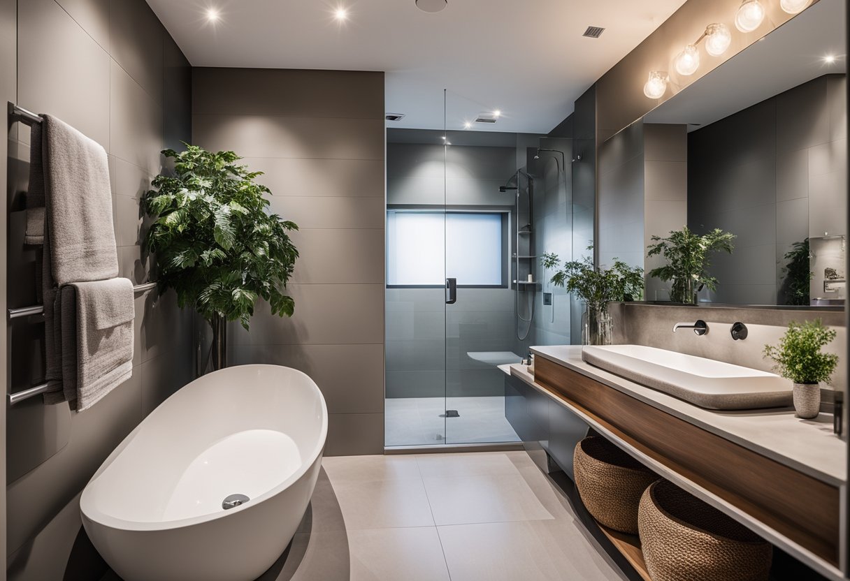 A small bathroom with clever storage solutions, sleek fixtures, and modern design elements to maximize space and style