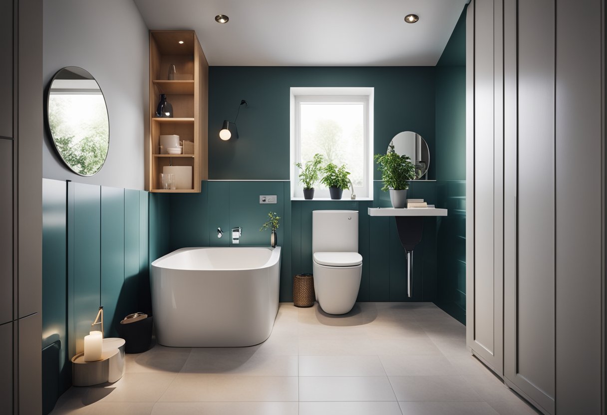 A small bathroom with a compact toilet, space-saving design, and minimalistic details