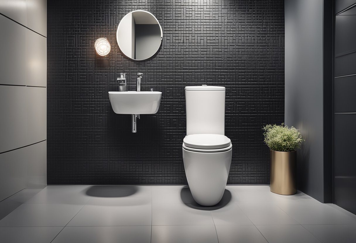 A small bathroom with space-saving toilet designs, featuring FAQ posters on the walls