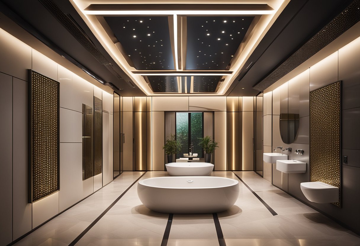 A false ceiling with recessed lighting and geometric patterns, above a modern toilet