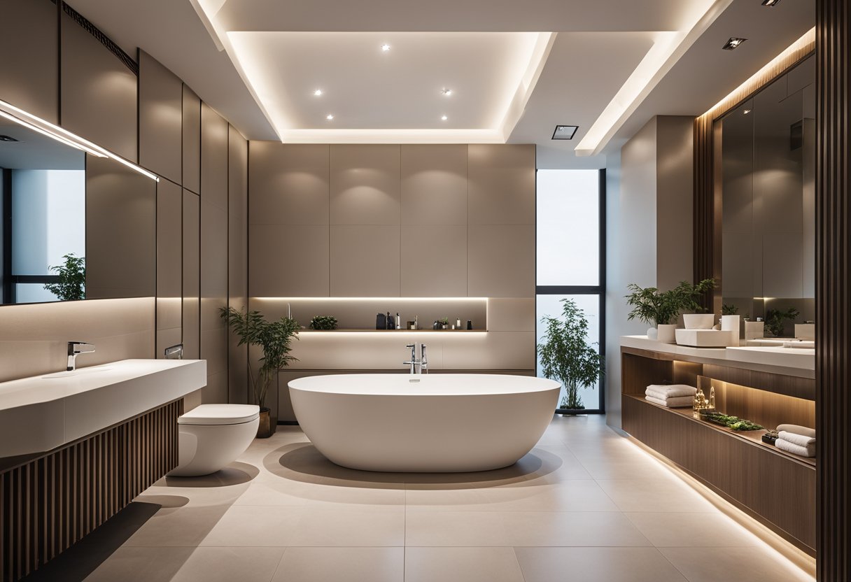 A modern bathroom with a sleek false ceiling design, featuring recessed lighting and ventilation system