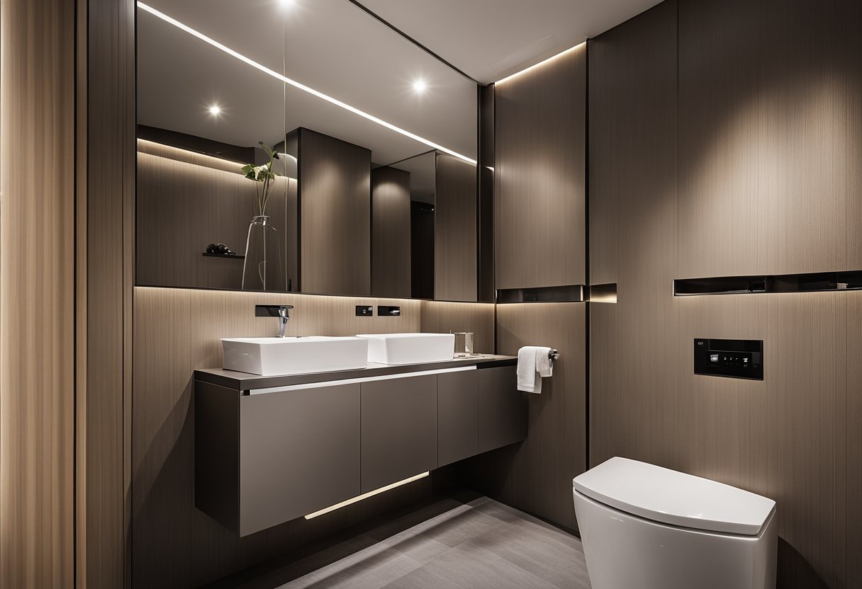 A modern toilet with a sleek false ceiling design, featuring clean lines and integrated lighting for a contemporary and luxurious feel