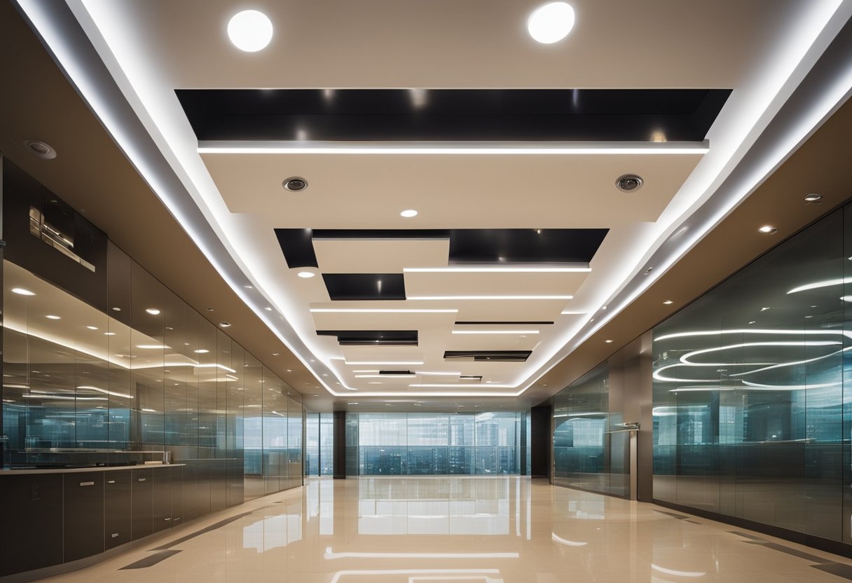 A modern false ceiling with FAQ symbols, clean lines, and a sleek design