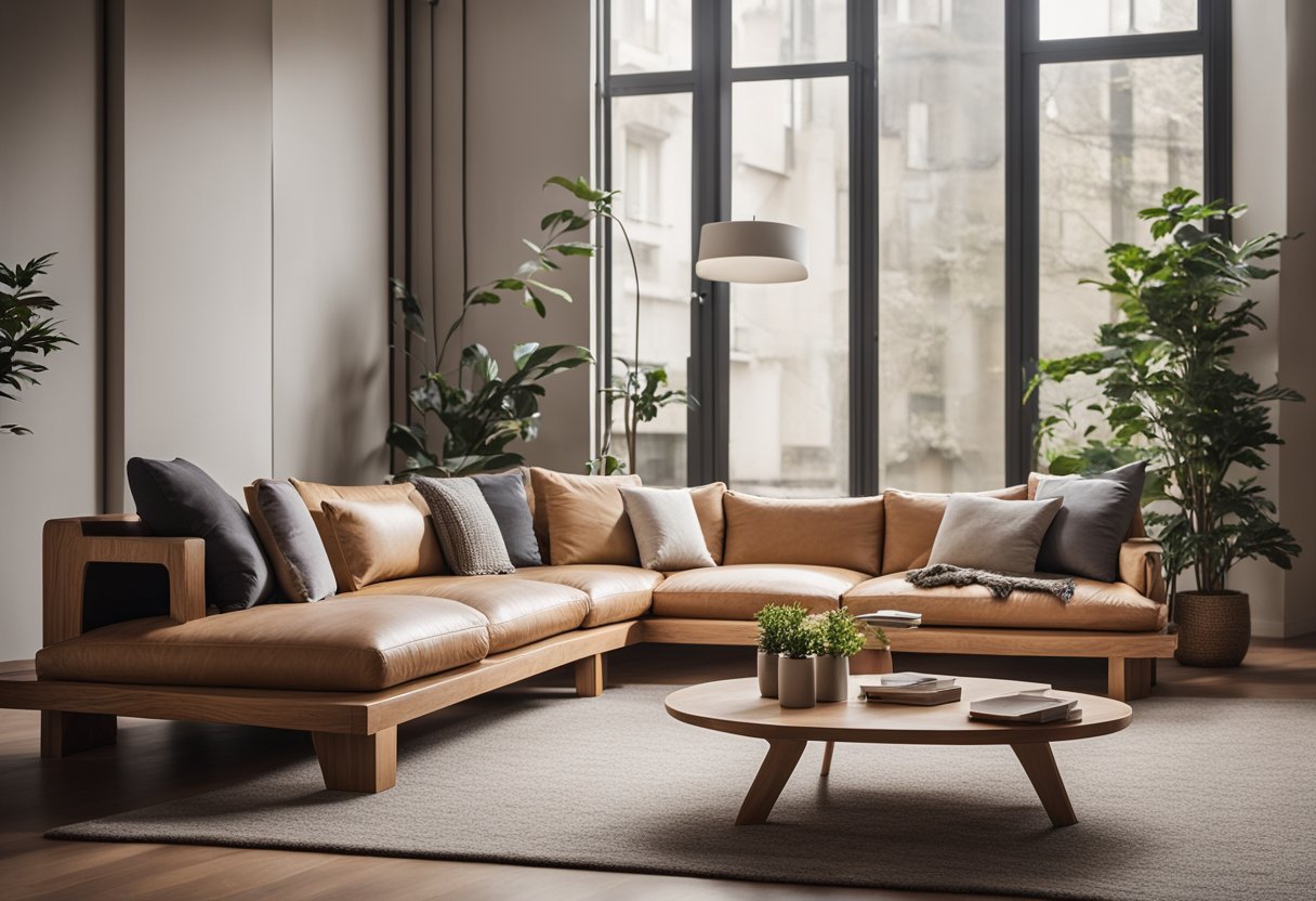 A cozy living room with various wooden sofa designs arranged in a spacious and inviting layout