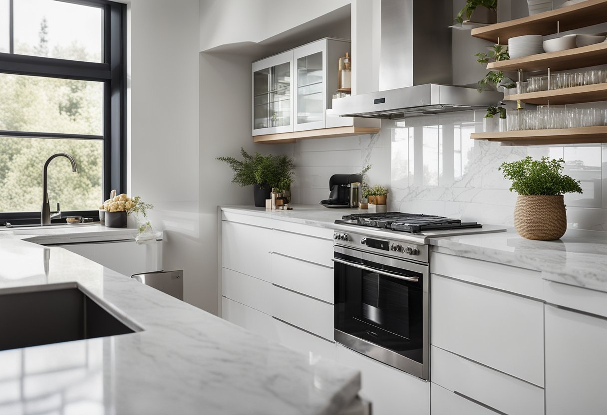 The kitchen is modern with white cabinets, stainless steel appliances, and a marble countertop. The room is well-lit with large windows and has a minimalist design