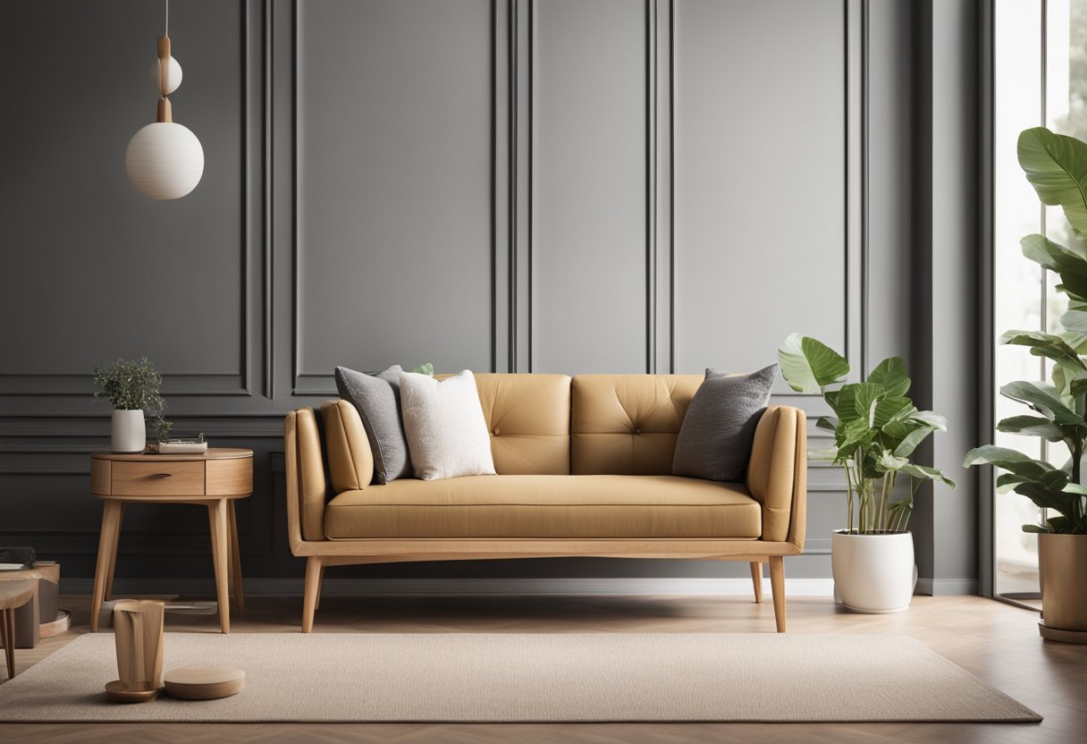 A wooden sofa sits in a bright living room. Its sleek design offers comfort and style, with ample seating space for guests