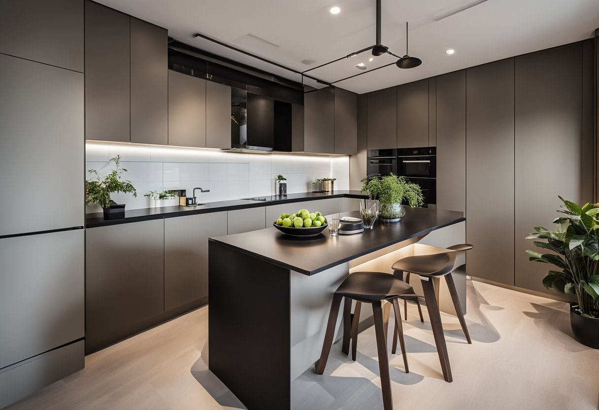 A sleek, modern 3-room HDB kitchen with clever storage solutions and minimalist design, maximizing space and style