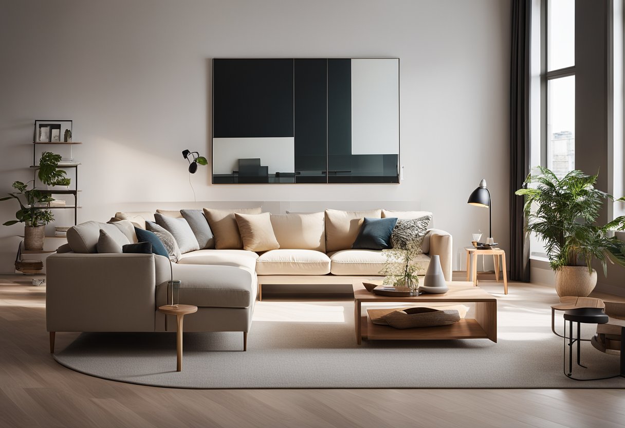 A modern living room with a sleek wooden sofa, clean lines, and minimalistic design. Bright natural light fills the room, creating a warm and inviting atmosphere