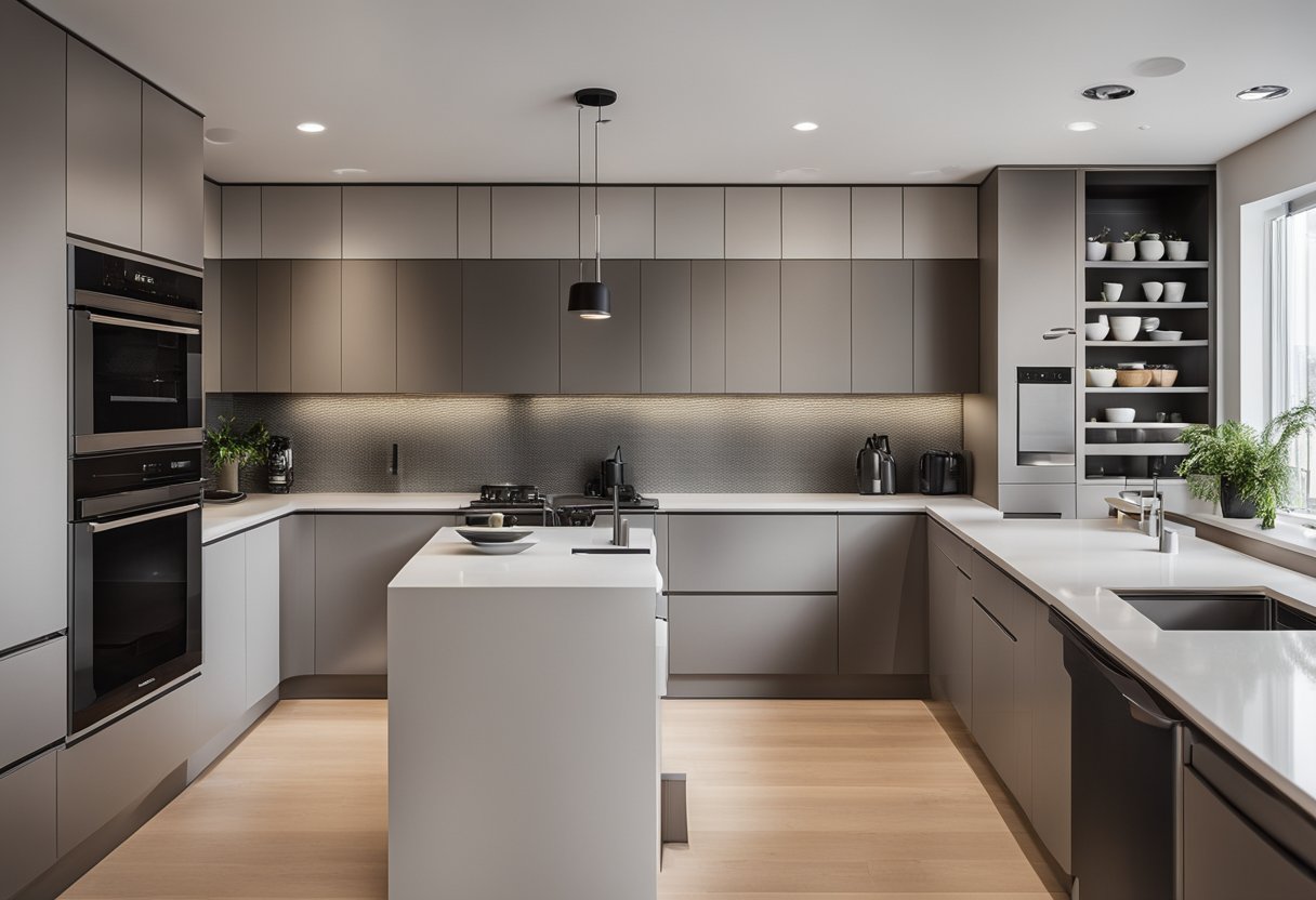 A modern, spacious kitchen with sleek countertops, ample storage, and integrated appliances. Bright lighting and a cozy dining area complete the inviting design