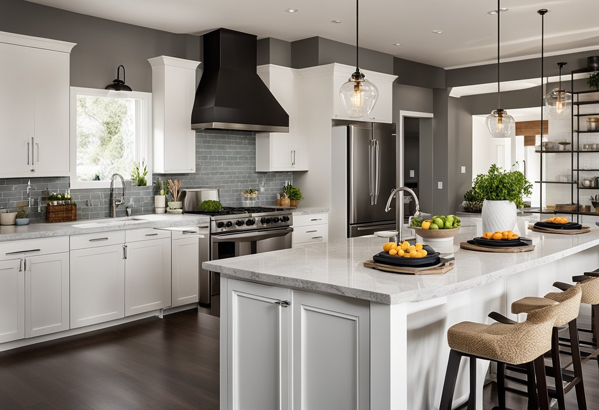 A cozy 8 by 8 kitchen with white cabinets, granite countertops, stainless steel appliances, and a small island with bar stools. Sunlight streams in through the window, highlighting the sleek, modern design