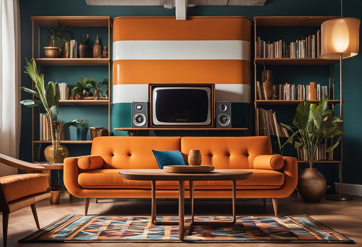 A retro living room with a vibrant orange sofa, geometric patterned rug, record player, and vintage TV set on a wooden console