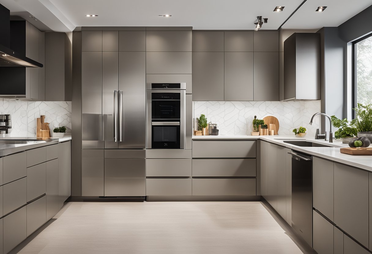 A modern 8 by 8 kitchen with sleek cabinets, stainless steel appliances, and a minimalist color palette. The design features clean lines, natural light, and a functional layout