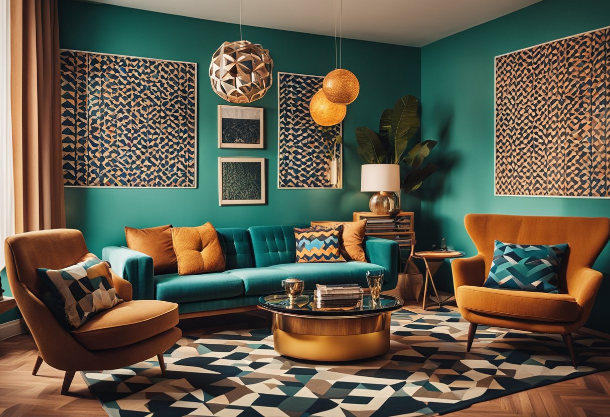 A retro living room with bold colors and geometric patterns on the wallpaper, rug, and furniture. The room features a mix of vintage and modern decor, creating a vibrant and nostalgic atmosphere