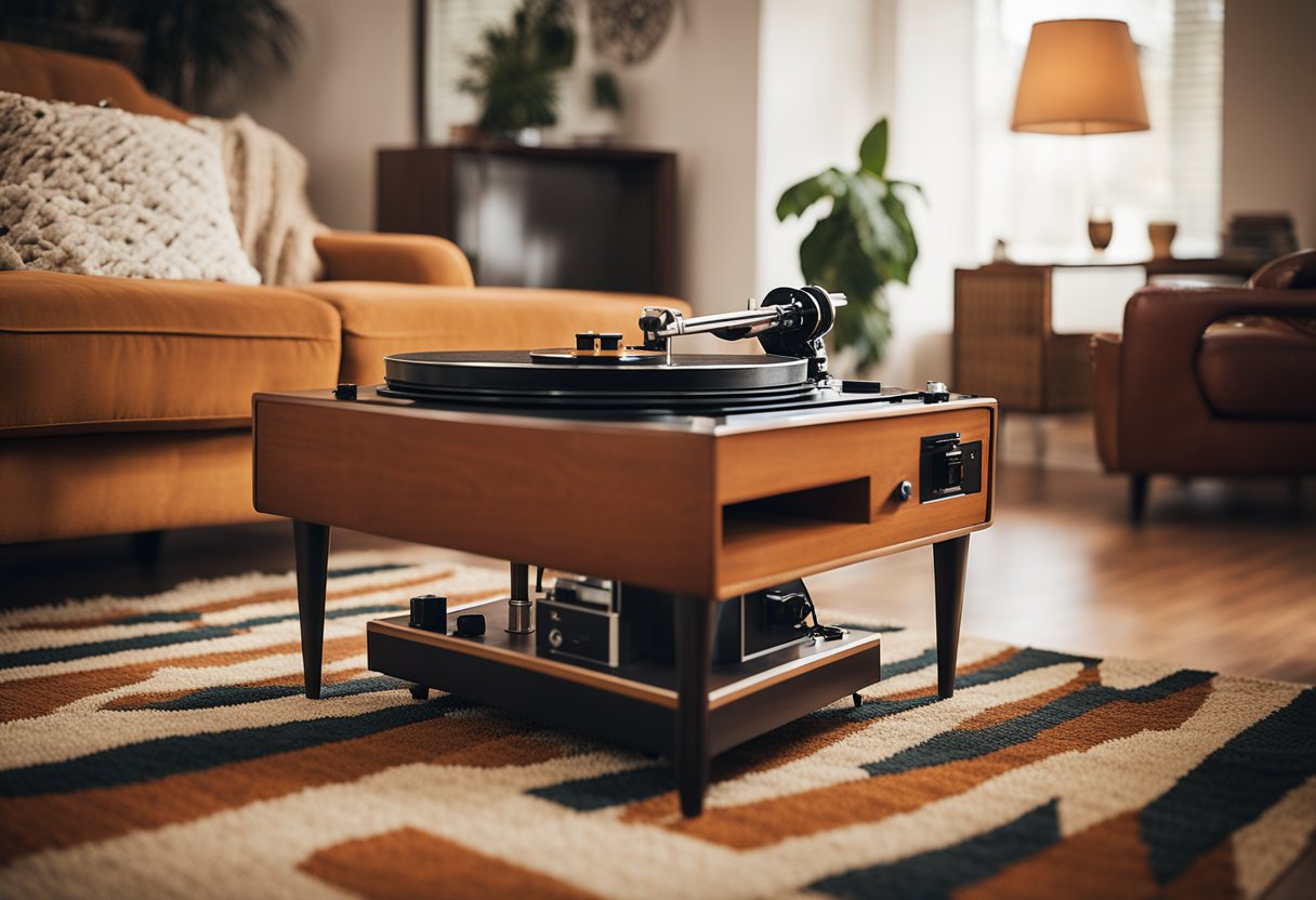 A cozy retro living room with a bold patterned rug, mid-century modern furniture, a record player, and vintage decor. Warm lighting and earthy tones create a nostalgic and inviting atmosphere