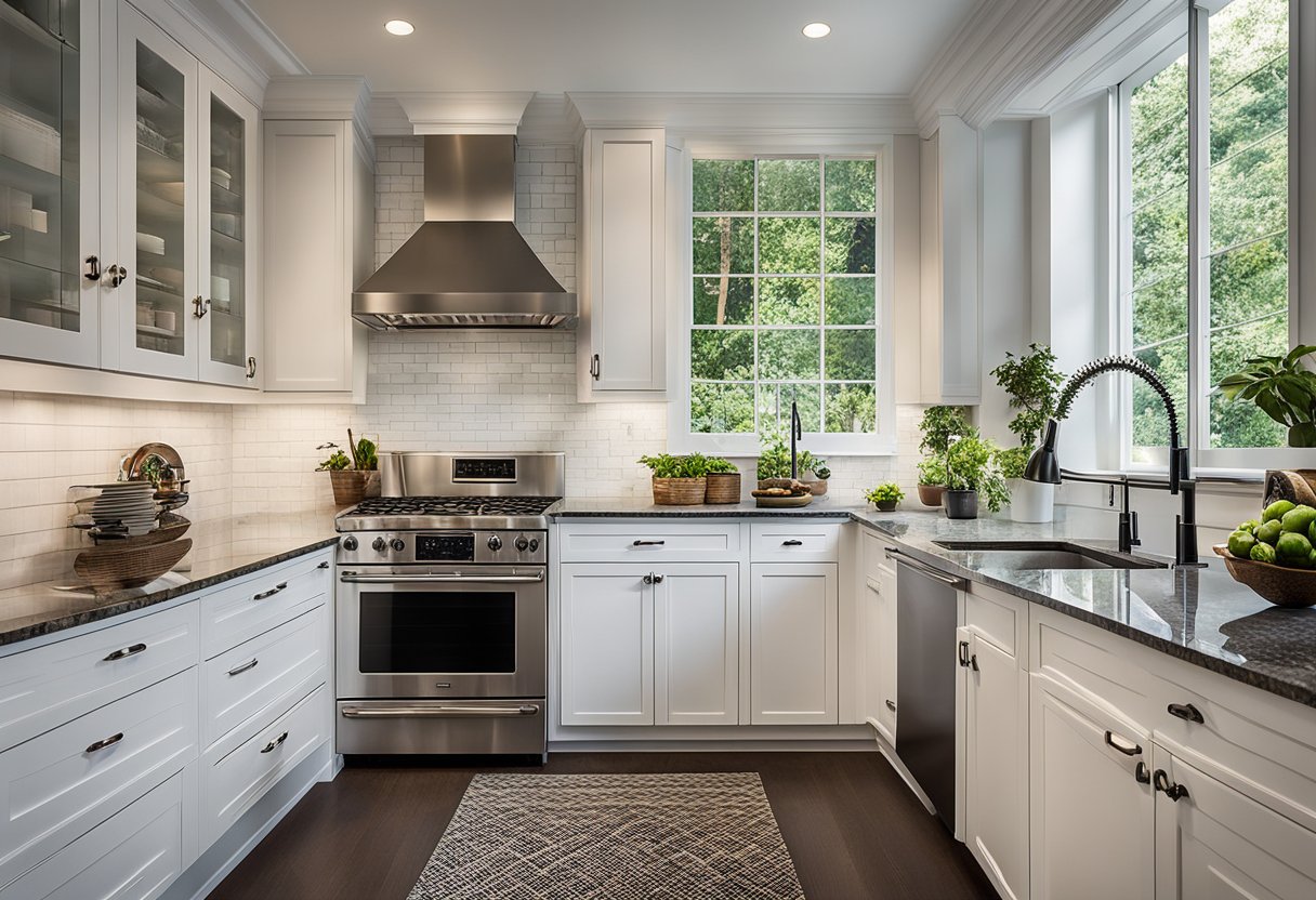 The 8x10 L-shaped kitchen features white cabinets, granite countertops, stainless steel appliances, and a large window overlooking a lush garden