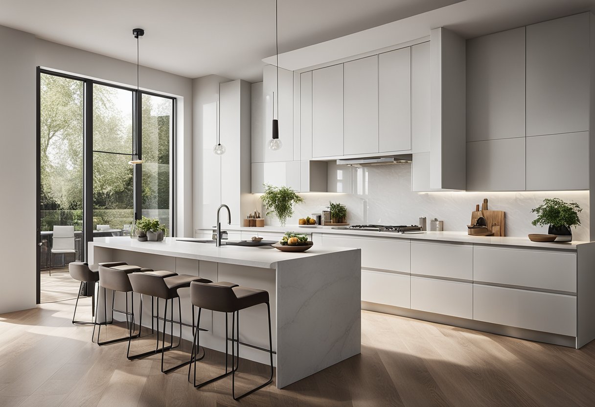 A spacious 8x10 L-shaped kitchen with modern cabinets, sleek countertops, and a large center island. Natural light floods in through the windows, highlighting the clean lines and minimalist design