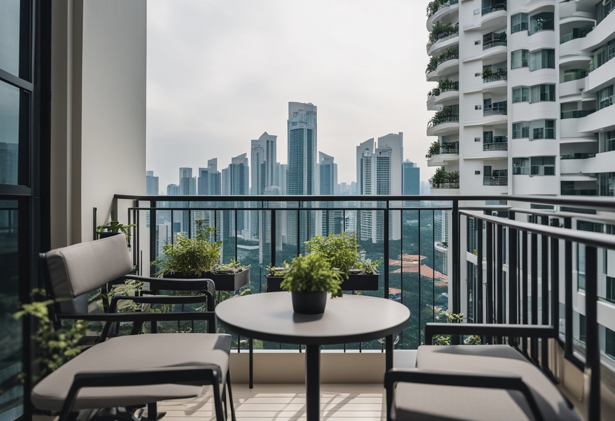 A modern HDB balcony in Singapore with sleek furniture, potted plants, and a panoramic city view