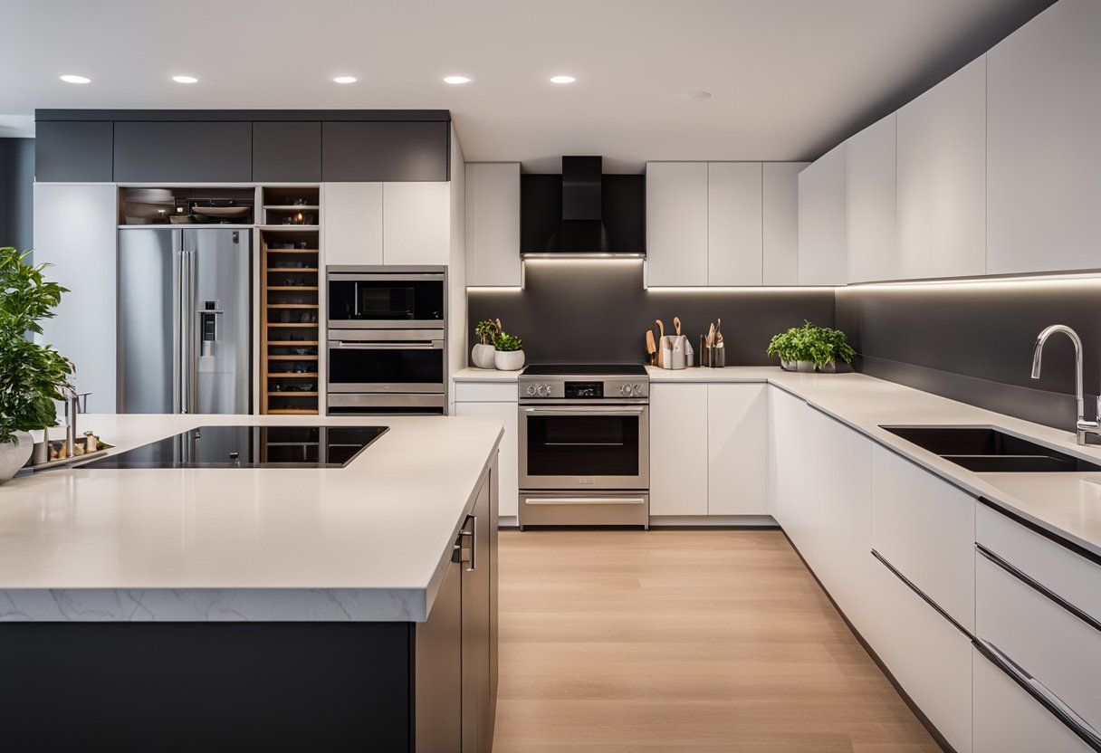 An 8x10 L-shaped kitchen with modern appliances, sleek countertops, and ample storage. Bright lighting illuminates the space, creating a welcoming atmosphere