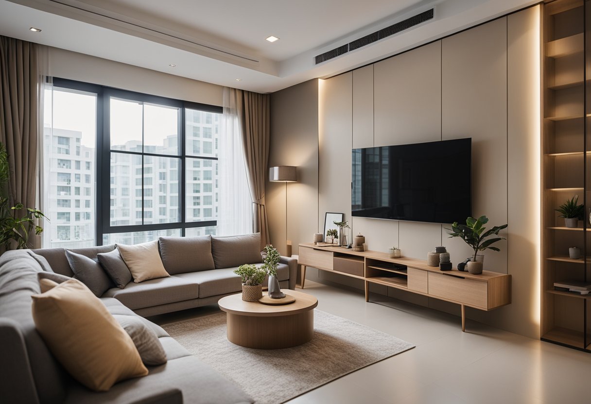A cozy HDB living room with a neutral color scheme, minimalist furniture, and natural light streaming in through large windows