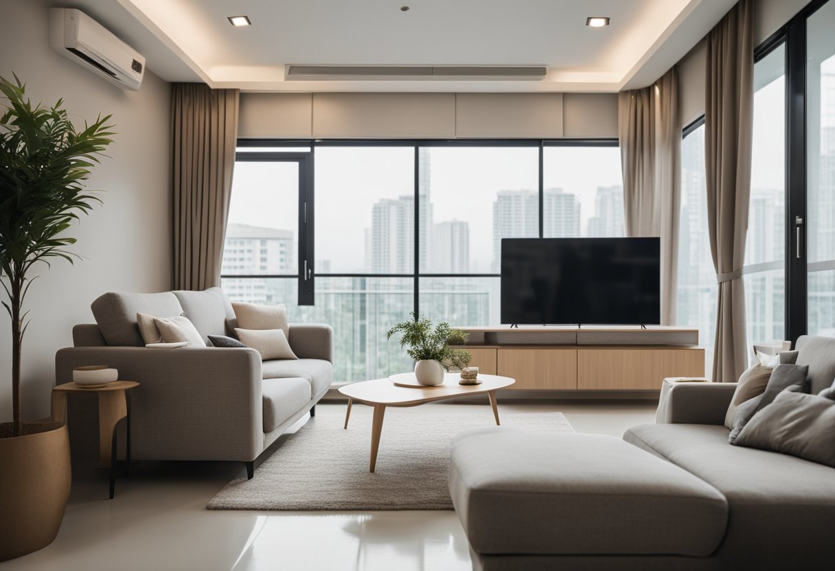 A cozy HDB living room with a neutral color scheme, minimalist furniture, and natural lighting from large windows