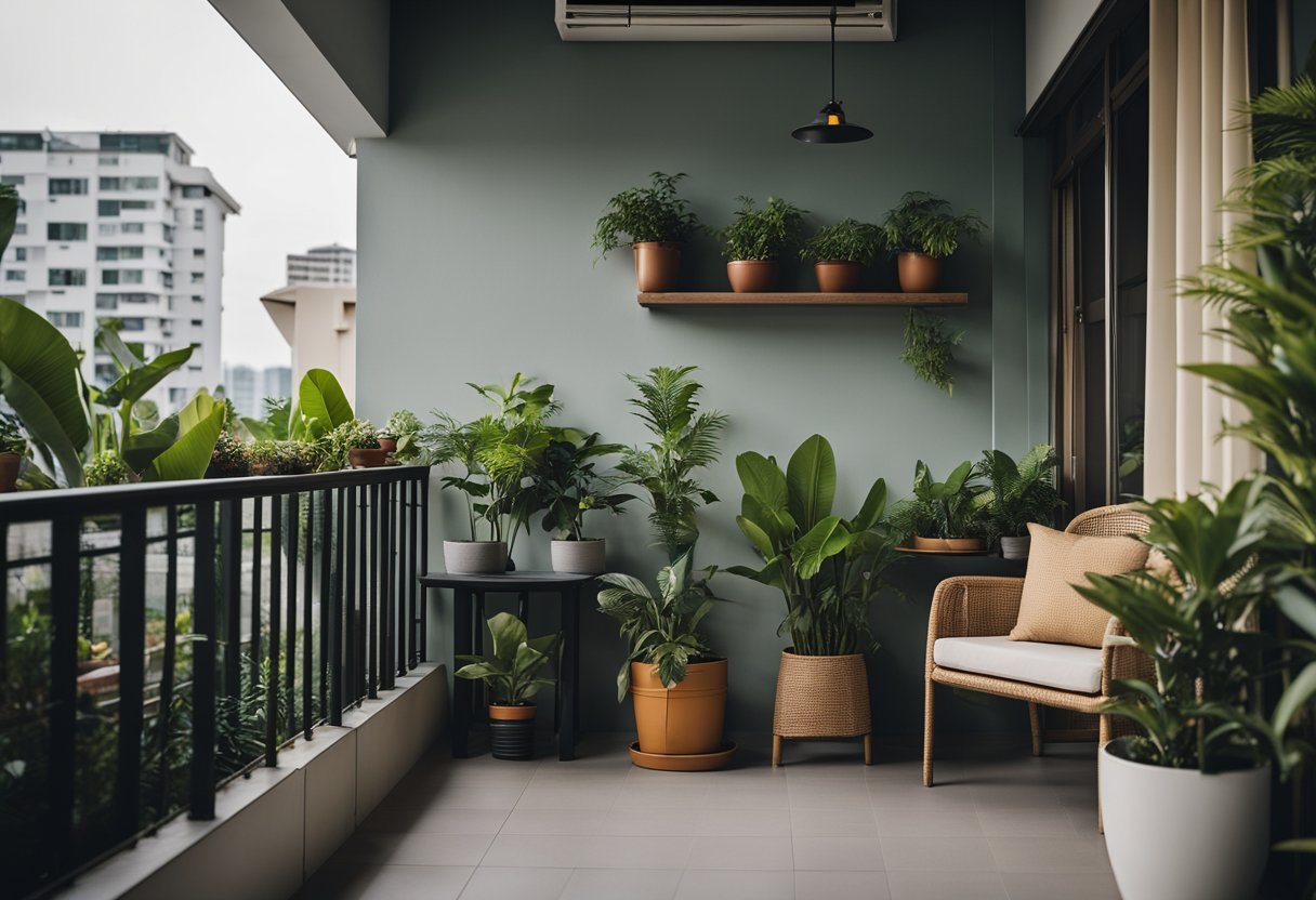 A cozy HDB balcony in Singapore with space-saving furniture, potted plants, and hanging lights, creating a relaxing and functional outdoor space