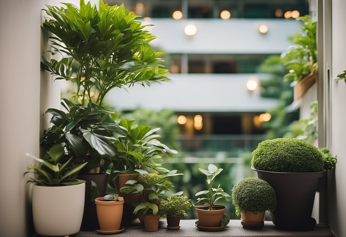 A cozy hdb balcony in Singapore, with potted plants, comfortable seating, and soft lighting, creating a tranquil outdoor retreat