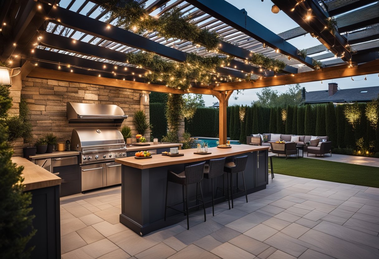 A spacious backyard kitchen with modern appliances, a sleek countertop, and a cozy dining area under a pergola with string lights